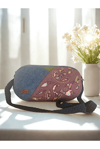 QuZeLLiK Denim Kumaş Patchwork Paisley Nakışlı Askılı Çapraz Çanta