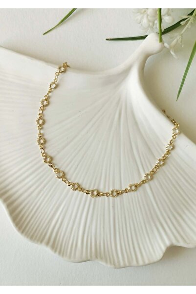 Halley Concept White Flower Stone Detailed Gold Steel Anklet 23+5 cm