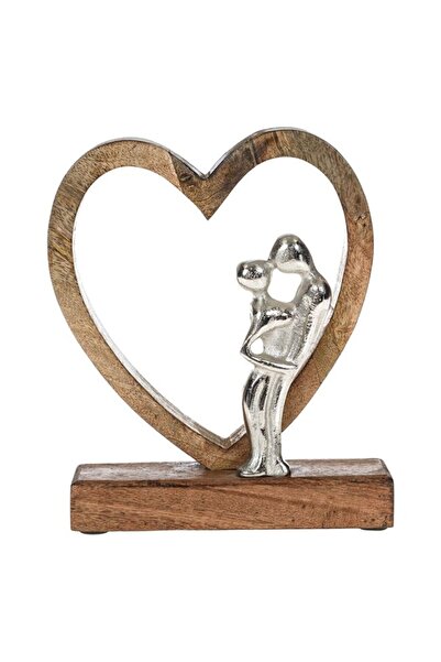 BAMI NETWORK Decoratiune masa inima lemn metal cuplu 18x5x22cm