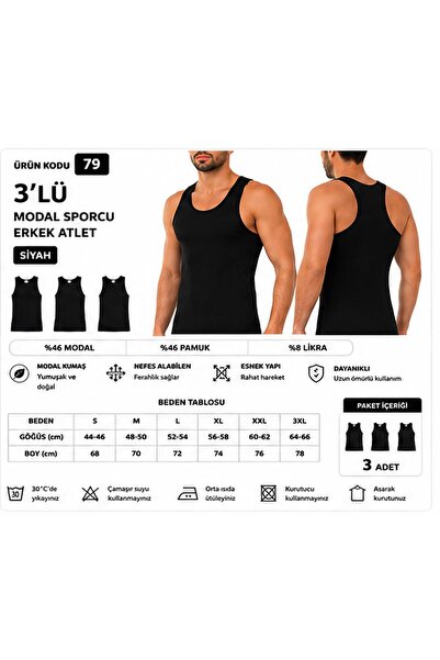 Yıldız Çamaşır Men's Modal Athlete Lycra Undershirt (77-78-79) - 3 Pieces