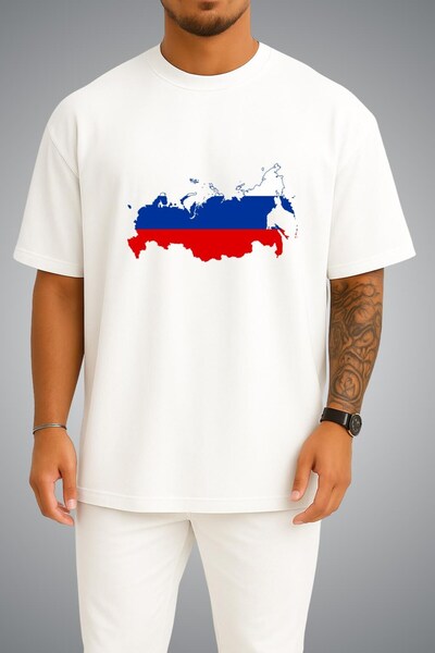 Bahriyeli Collection Oversize Russia Flag and Map Chest Printed Unisex T-Shirt