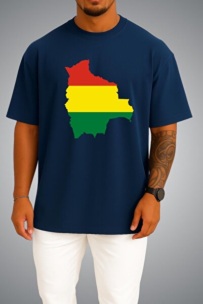 Bahriyeli Collection Oversize Bolivia Flag and Map Chest Printed Unisex T-Shirt