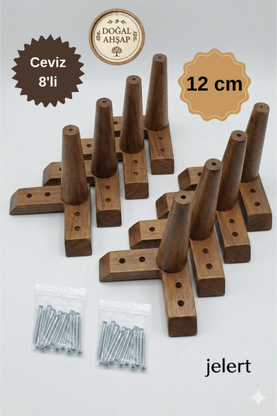 Jelert Masif Gürgen Ahşap 12 cm Koyu Ceviz-Sekizli, Mobilya Yükseltme Ayağı, ...