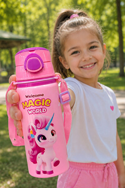 M&B WATER BOTTLE Metal Unicorn Motifli Pipetli Çocuk Matarası - 600 ML Kilitl...