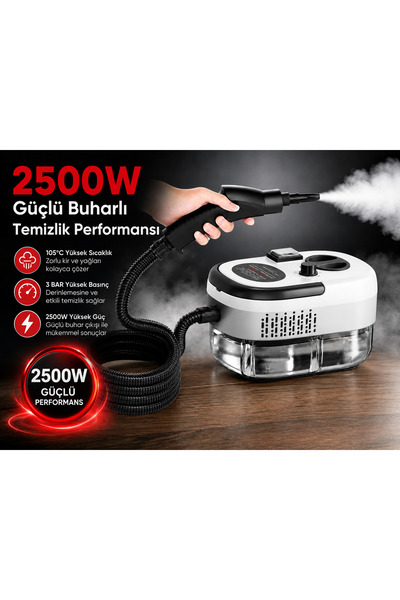 Coverzone Buharlı Temizleyici 2500W 105°C 1200ml Su Tankı 6 Kademeli Halı Cam...