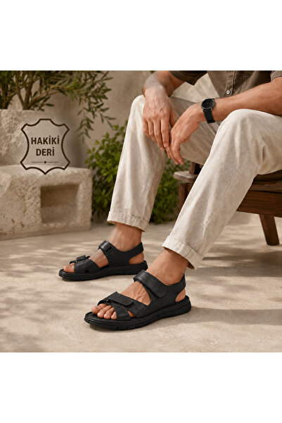 Castle Black Men's Genuine Leather Daily Comfort Sandals-Black (Cb766)