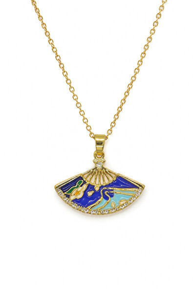 Duiwerlis Women's Gold Color Fan Pendant Necklace with Enamel Zircon Stone an...