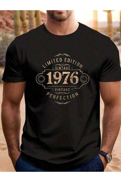kai22 Men's Vintage 1976 Edition-Shirt Black Retro Graphic Tee With Golden 70...