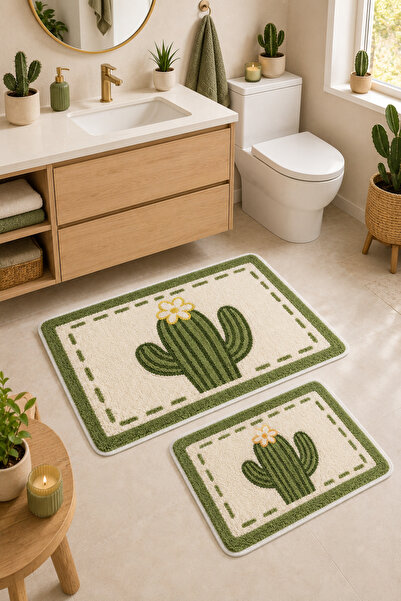 Liriya Dijital Kaymaz Yıkanabilir İkili Modern Banyo Paspası Banyo Halısı Banyo Dekor (40x60+60x90 cm)