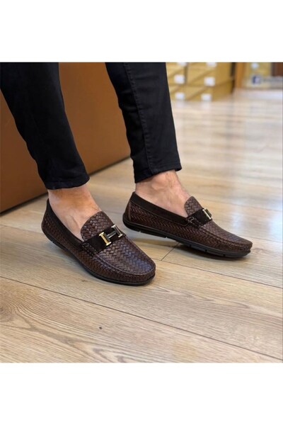 Parlak Hakiki Deri Baskılı Günlük Loafer Ayakkabı