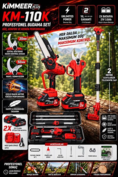 KİMMEER PLUS Pro Seri 21V Çift Akülü Çelik Şanzıman Dal Budama Makası 50mm & ...