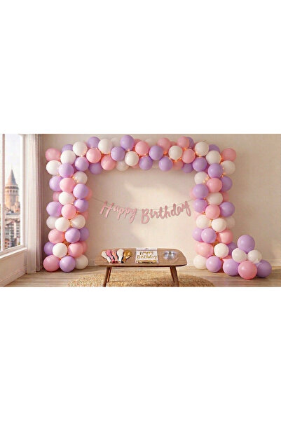 turkuaz parti Set of 60 Pink-Lila-White Balloons, Pink Happy Calligraphy Writing