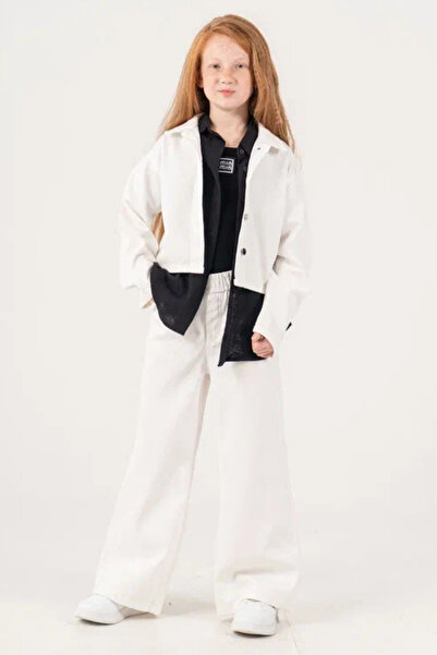GİYİCEM TEKSTİL Girl's Basic Linen Jacket, T-Shirt and Pants 3-Piece Combinat...