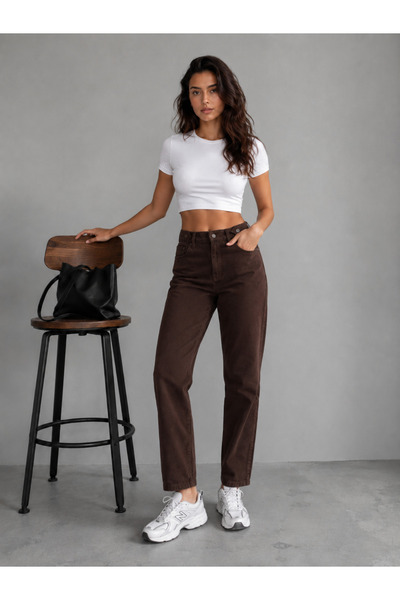 KENE JEANS Brown Linen Belt-Buckle Mom Pants