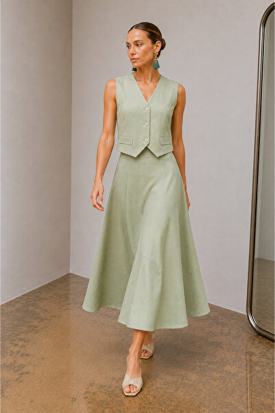 LADYA COLLECTION Green Linen Skirt Vest Siena Set