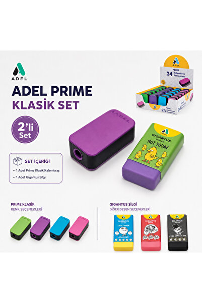 Adel Prime Klasik Kalemtıraş ve Gigantus Desenli Silgi 2’li Set – Renkli, Şık...