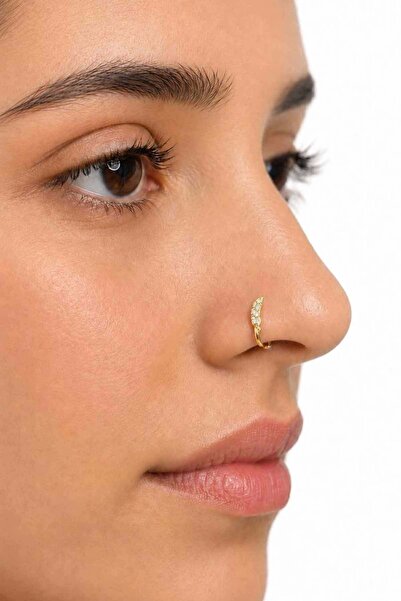 TAKIŞTIR Altın Renk Taş Detaylı Cerrahi Çelik Deliksiz Kulak/Burun Piercing