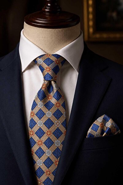 Kravatkolik Beige Blue Motif Pattern Classic Tie with Handkerchief Kk13939