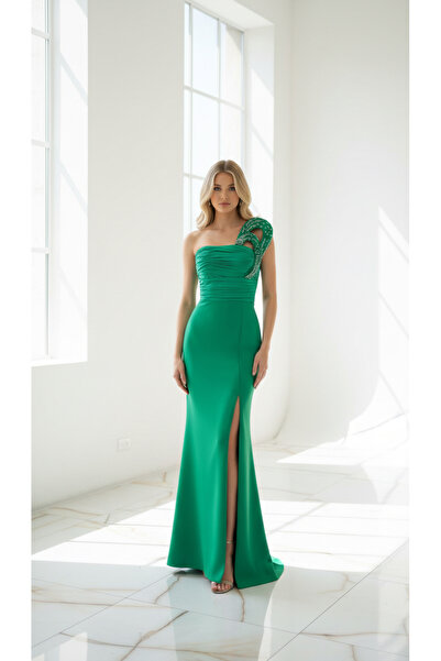 holie dress TEK OMUZ TAŞ İŞLEMELİ DRAPELİ YIRTMAÇLI BALIK MODEL UZUN ABİYE EL...
