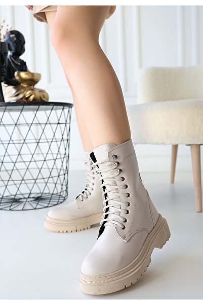 ALFA AKSESUAR 03 Caxa Beige Leather Laced Boots