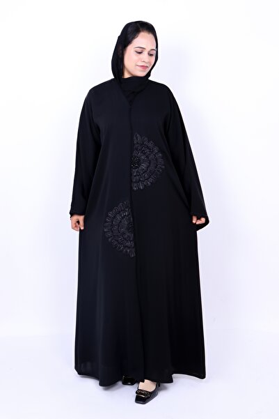 Izzah Bella Women's Elegant Black Abaya with Floral Textured Patchwork and Mi...