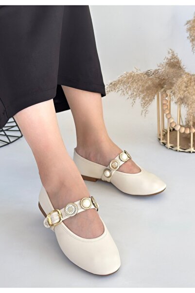 DMR Elegance Atnis Beige Leather Ballerina Shoes