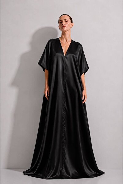 ROLLINDA STUDIO V-Yakalı & Kimono Kol Detaylı Maxi Şık Saten Elbise