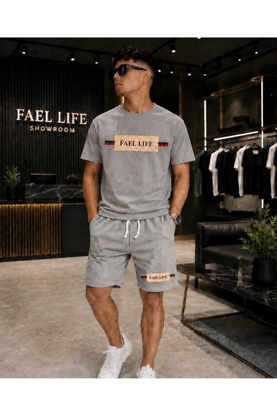 FAEL LİFE طقم تي شيرت وشورت واسع للجنسين مطبوع بشريط
