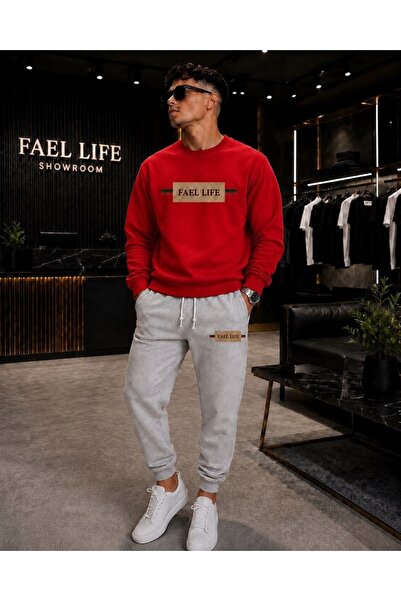 FAEL LİFE Unisex Wide Cut Zero Neck and Sweatpants Striped Printed Set