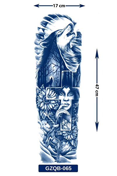 BP Tattoo 1 Ay Kalıcı Kol Dövmesi - Uluyan Kurt, Orman ve Gizemli Kadın Tasarımı