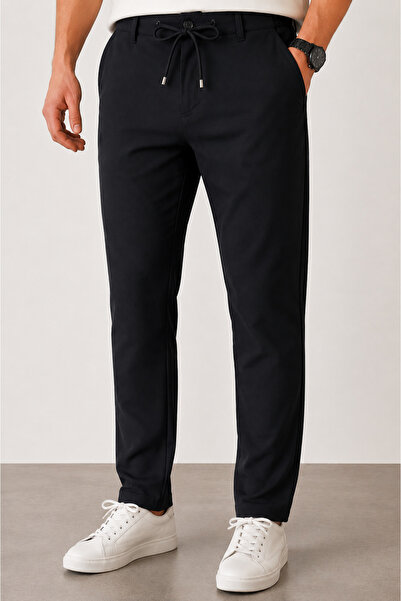 Bossago Men's Black Slim Fit Casual Lace-Up Elastic Waist Fabric Trousers
