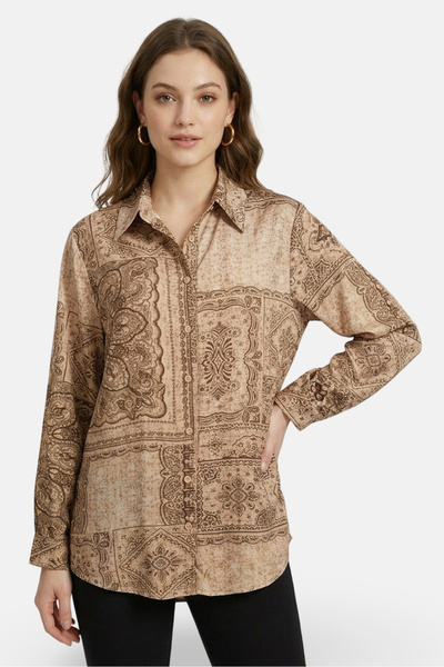JASON WU Women Spread Collar Allover Print Long Sleeve Shirt, Brown