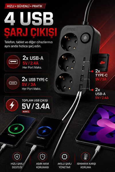 Merwish Akım Korumalı 3'lü Topraklı Priz 2 USB-A 2 Type-C 3680W 16A Anahtarlı Duvara Monte Edilebilir Çoçuk Korumalı
