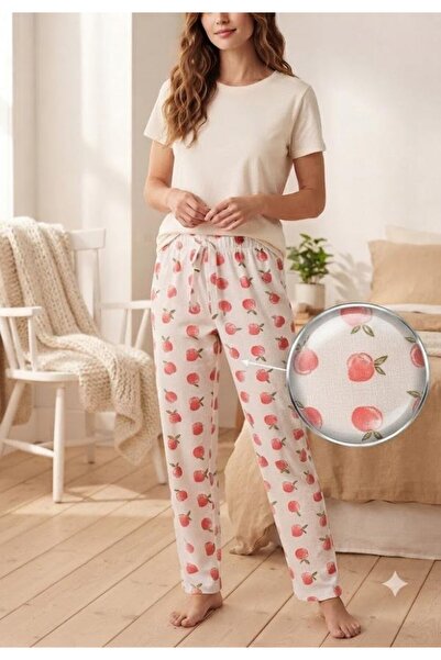 Serena Pantaloni de pijama lungi de dama ALB cu MERE ROSI