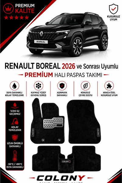 COLONY Renault Boreal Uyumlu Pro Velur Halı Paspas Tam Set–Araca Özel,Kolay M...