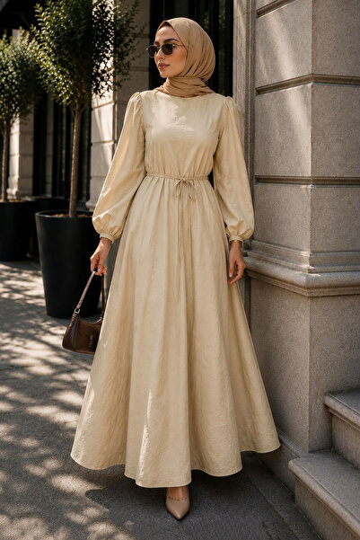 Tesettür Dünyası Lina Dress with Sewing and Lacing Details Tsd260223 Beige