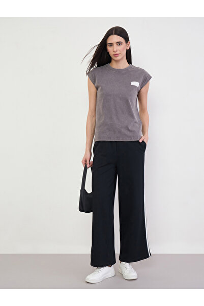 Styli Black Wide Leg Joggers with Side Taping Detail