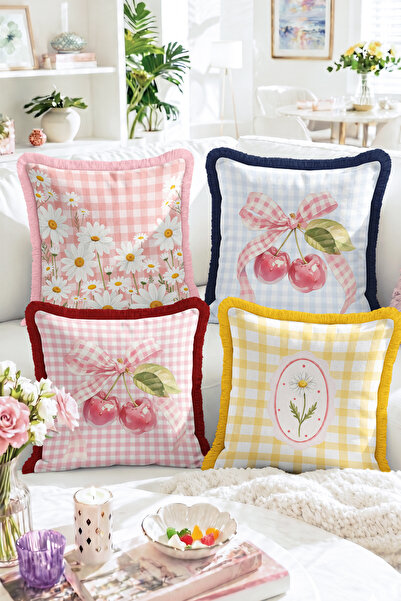 Realhomes Plaid Patterned 4-Piece Fringed Throw Pillow Cover Set with Cherry ...