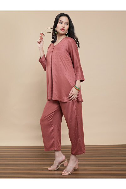 De Moza By Styli Pink Jacquard Rayon Pants