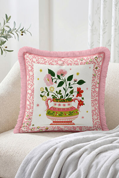 Realhomes Floral Vase Figured Lace Edge Patterned Fringed Throw Pillow Cover ...
