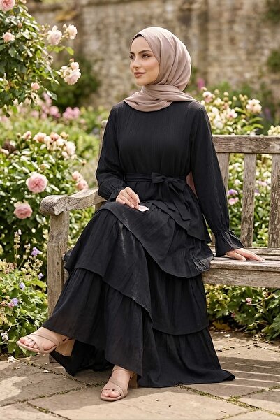 TOFİSA Fırfırrlı Kuşaklı Elbise Siyah - 28649-SIYAH