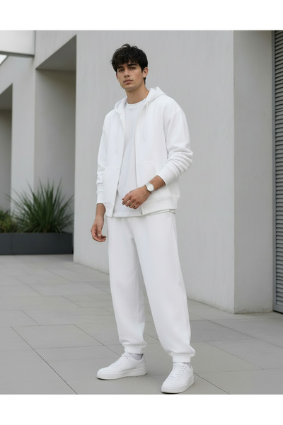 BayBayan Men's 3-Yarn Oversize Hooded Zipper Sweatshirt Cardigan Track Suit Set