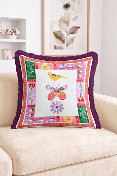 Realhomes Bird and Butterfly Figured Floral Motif Patchwork Style Fringed Thr...