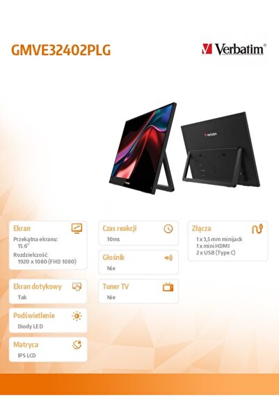 Verbatim Monitor tactil portabil LIGHT 15,6" FHD Negru