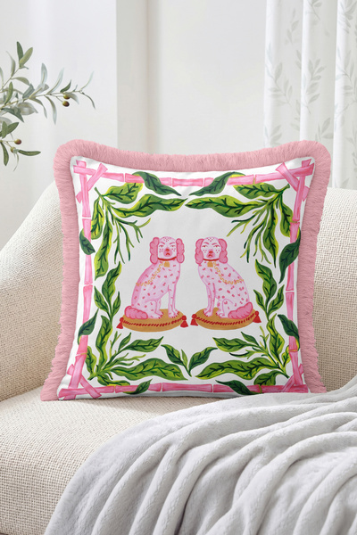 Realhomes Pink Dog Figured Leaf and Bamboo Frame Patterned Fringed Throw Pill...