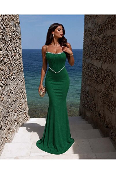 Modafeminen Emerald Stone Detailed Long Evening Dress 583422