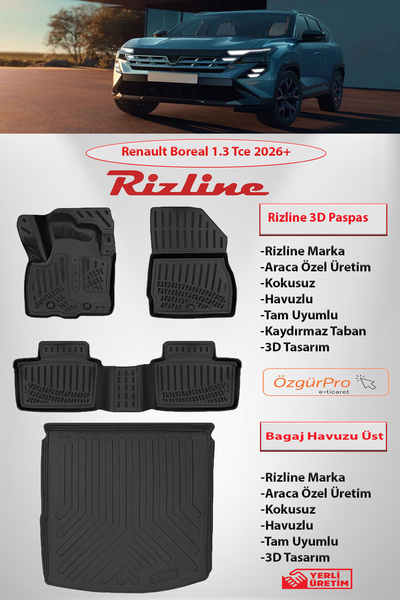 Rizline Renault Boreal 1.3 Tce 2026 ve Sonrası Havuzlu Paspas ve 3D Bagaj Hav...