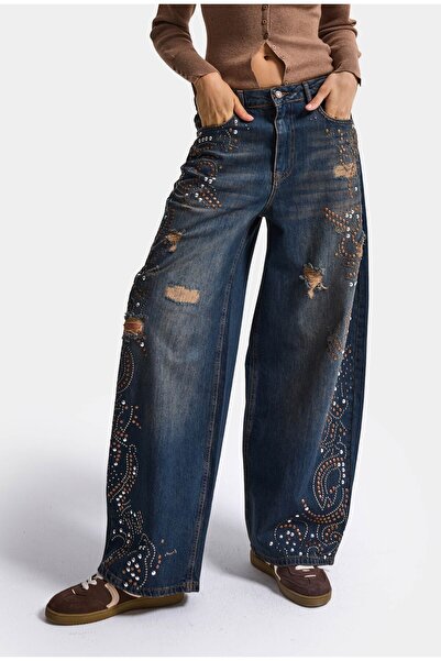 it's basic Women's Dark Denim T-10W6-8 Palazzo Fit Stone and Drop Detailed Sp...