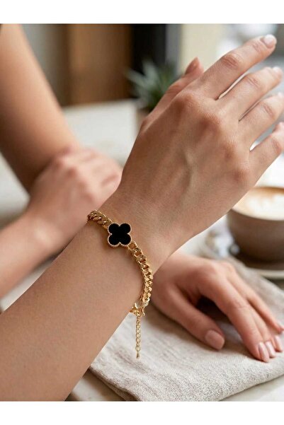 MODA Kadın Çelik Van Cleef Model Siyah Şans Yonca Gurmet Zincir Bileklik