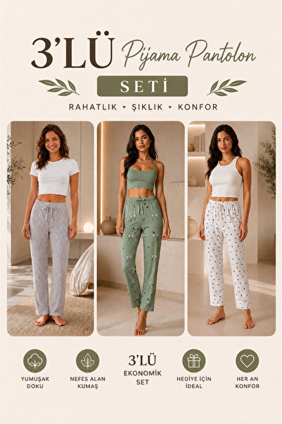 FISILTI COLLECTİON 3’lü Kadın Pijama Pantolon Seti Çizgili, Tavşan ve Kiraz D...